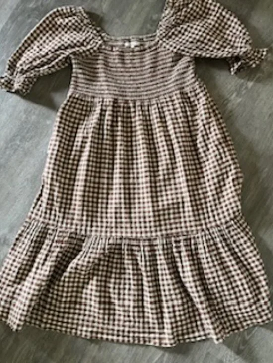 Madewell Lucie Elbow-Sleeve Smocked Gingham Midi Dress Two Pockets Women's M - Picture 7 of 15
